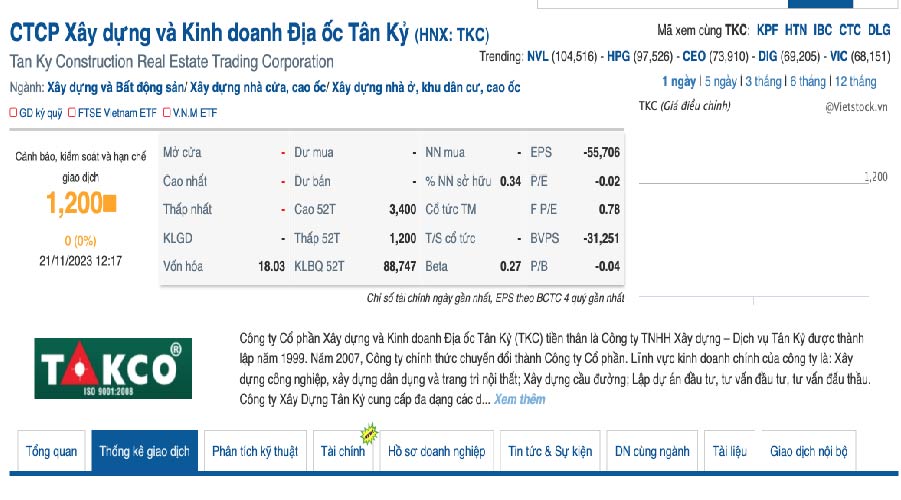 Cổ phiếu TKC của Địa ốc Tân Kỷ có khả năng bị buộc hủy niêm yết