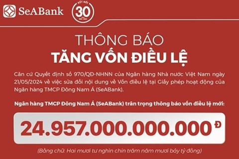 SeABank hoàn tất tăng vốn điều lệ lên gần 25.000 tỷ đồng